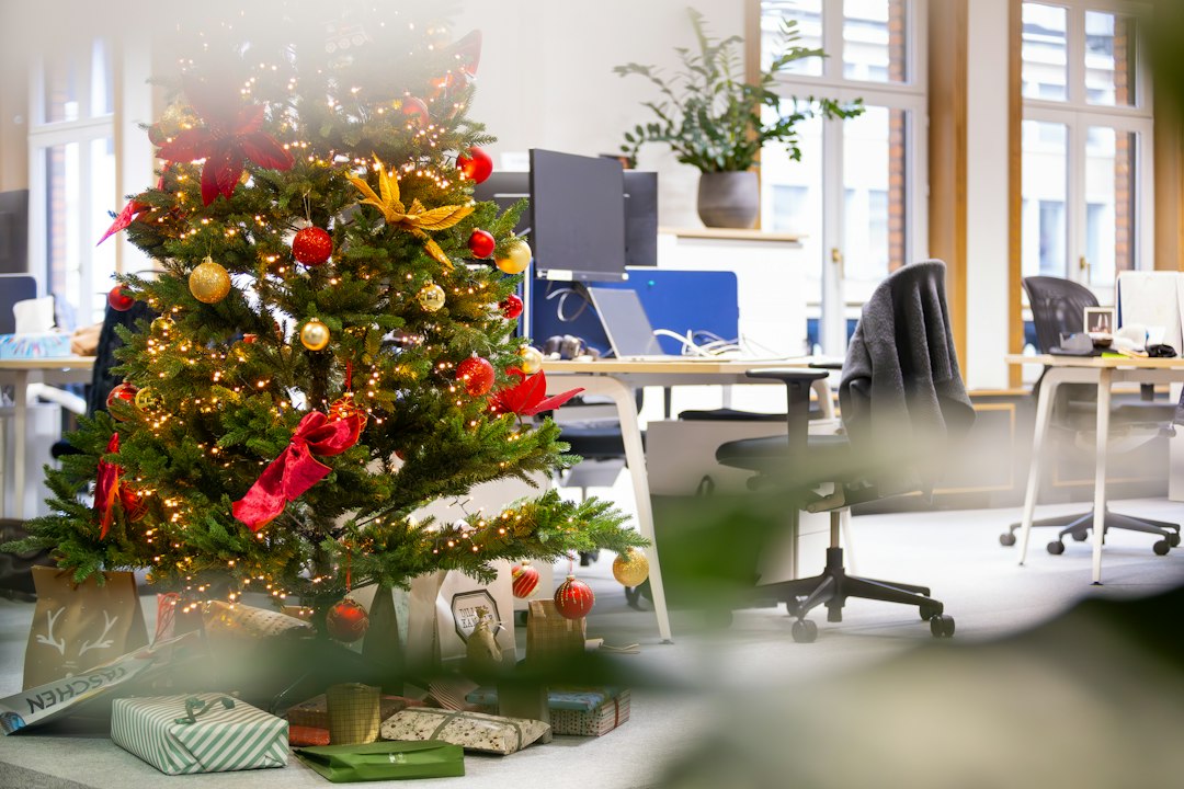 Decorated Christmas tree in an office